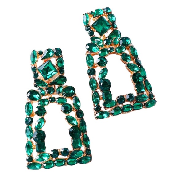 Green Earrings Geometric Square Crystal Drop Rhinestone Dangle Earrings - Picture 1 of 5